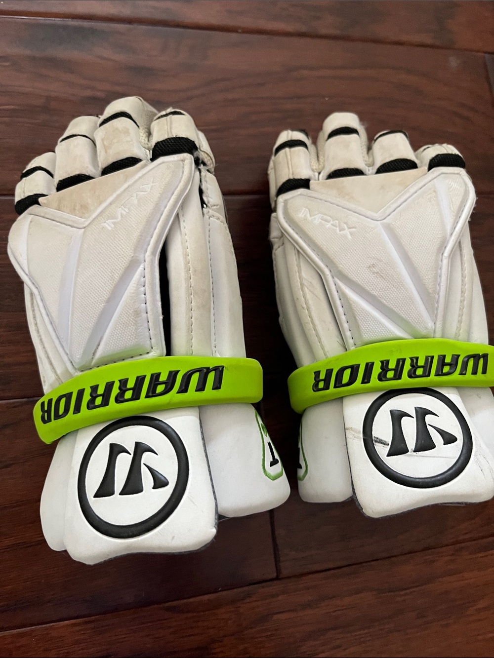 Warrior White and Neon Green Lacrosse/Goalie Gloves - Warrior